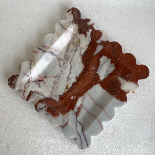 Vintage Natural Marble Tray Small Ornaments Scalloped Tray Handmade Storage Dish for Counter, Vanity, Dresser, Nightstand and Desk (Calacatta Red) - color: Calacatta Red
