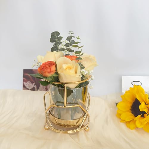 Hurricane Candle Holder, Gold Pillar Candle Holder with Geometric Decorative Accents & Windproof Glass Lid, Perfect for Weddings, Dinners, Parties & Special Events - size: 13cm