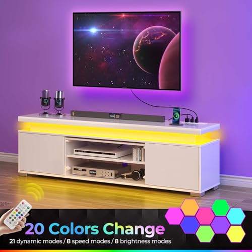 Rolanstar TV Stand with LED Lights & Power Outlet, Modern Entertainment Center for 32/43/50/55/65 Inchs TVs, Table, Universal Gaming Media Stand Storage Cabinet and Large Storage, White - color: White