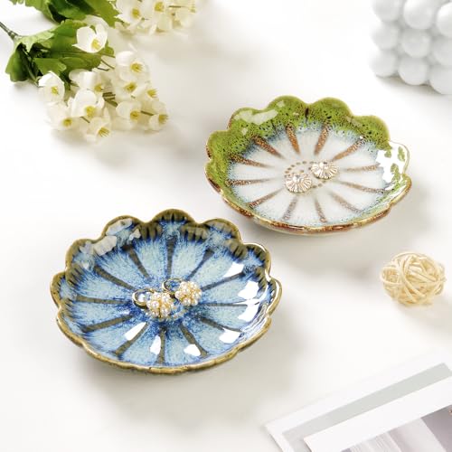 Lotus Ring Holder Dish Small Indoor Ash Tray, Ceramic Dessert Plate Trinket Jewelry Holder Organizing Necklace Earrings for Parents Friends Sister, All Jewelries Are NOT Included, Retro Blue. - color: Retro Blue-Round