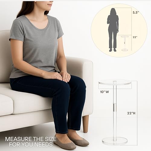 Acrylic Drink Table, Small Round Side Table for Small Space, Pedestal End Tables with Phone Holder, Multi-Use Modern Accent Tables, Martini/Cocktail Table for Living Room 10"X21" Easy Assembly - size: 10 Inches