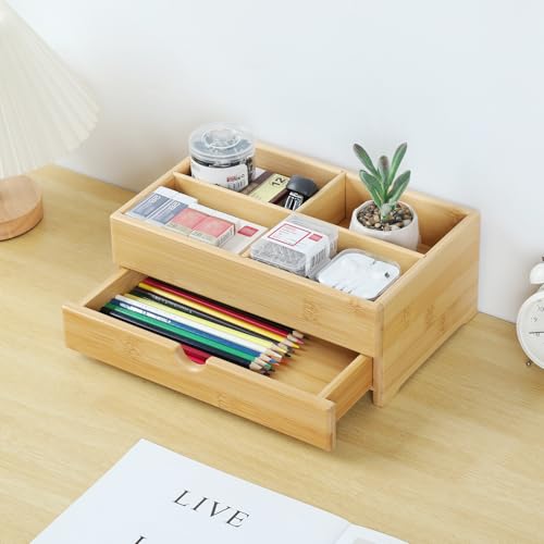 GOBAM Bamboo Makeup Organizer and Storage with Drawer, Wooden Cosmetic Organizer Countertop for Bathroom, Bedroom, Kitchen & Dresser, Desk Organizer with Drawers and Make up Vanity Station - Medium - size: Medium