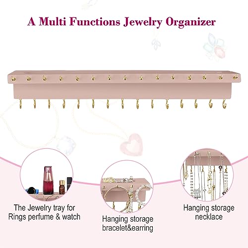 YYILIS Necklace Holder, Upgraded Extra Large Wall Necklace Organizer with 30 Hooks Wall Mounted Necklace Hanger with Jewelry Tray/Cosmetics Shelf Rustic Pine Wood Holder (Pink) - color: Pink