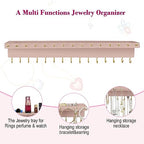 YYILIS Necklace Holder, Upgraded Extra Large Wall Necklace Organizer with 30 Hooks Wall Mounted Necklace Hanger with Jewelry Tray/Cosmetics Shelf Rustic Pine Wood Holder (Pink) - color: Pink