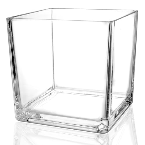 1 Pack Square Glass Vase 5" x 5" x 5", Clear Flower Vase for Centerpieces, Candle Holder for Wedding Party Events, Home Décor - size: 5inch