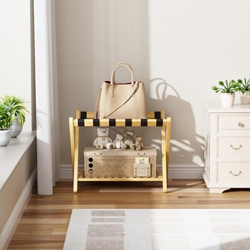SMIBUY Luggage Rack, Foldable Bamboo Suitcase Stand with Storage Shelf for Guest Room, Bedroom, Hotel, Heavy-Duty, 1 Pack (Natural) - color: Natural