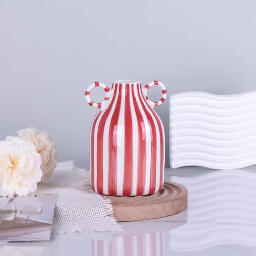 Red and White Ceramic Vase with Handle, Nordic Boho Small Vases Side Table Flower Centerpiece, Wide Mouth Single Flower Vase Pampas Grass Decorative - for Home Window Sill Living Dining Room Kitchen - color: Red and White