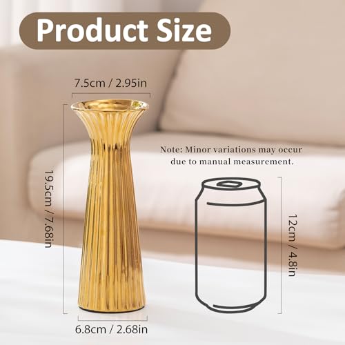 SURE YUESI 7.68” Gold Ribbed Ceramic Vase, Minimalist Farmhouse Vase for Pampas Grass, Centerpiece, Coffee Table, Kitchen, Office & Home Decor - color: Gold