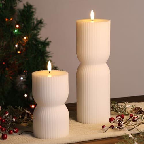 White Ribbed Flameless Pillar Candles with Remote, Real Wax Flickering Battery LED Candles Set of 2 - color: White