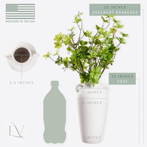 12 Inch Tall White Ceramic Vase, with 5 Branches of 25 Inch Faux Artificial Vibrant Greenery Stems Set, Textured Minimalist Jug, Fake Stem Plants, Decorative Farmhouse, Console Table Centerpiece Decor - color: Sandy White