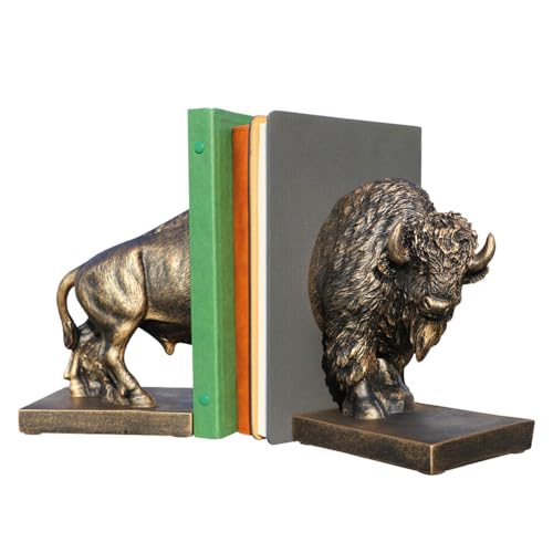 Decorative Bookends, Art Book Ends for Heavy Books, Heavy Bookends for Shelves, Vintage Non-Slip Base Book Holder, Resin Book Stopper for Home Office Decor (Copper Buffalo) - color: Copper Buffalo