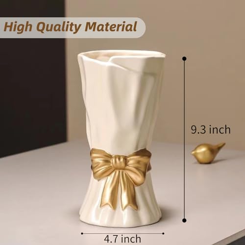 Bow Vase, White Flower Vase for Home Decor, White Ceramic Vases for Boho Style, 9.3 Inch Large Vases for Ideal Shelf/Table/Living Room Decor, Mother‘s Day Gifts - color: Cream White