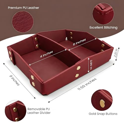 Valet Tray Organizer for Men & Women - PU Leather Catch All Tray with Removable Divider - EDC Storage for Keys, Watch, Phone - Nightstand, Dresser & Desk Organizer - Crimson Merlot - color: Crimson Merlot