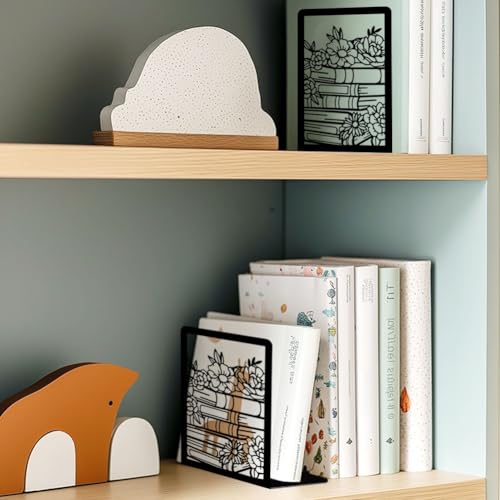 Flowers and Books Thickening Iron Metal Bookends for Shelves, Literary Flavor Book Ends Decorative Books for Home and Office Book Display, Desk Organizer Bookend for Library Decor - style: Flower