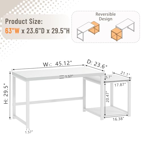 FOLUBAN Large White Computer Desk, Home Office Desk with Printer Space & PC Tower Stand, Modern Study Writing Table Workstation for Living Room Bedroom, 63 Inch - color: White