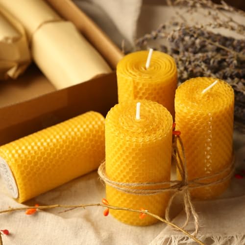 6 Pack Natural Beeswax Pillar Candles,Handmade Pure Beeswax Rolled Candles-120 Hours Long Burning,Honeycomb Bees Wax Candle for Home, Prayer,Dripless Smokeless Unscented Pillar Candle 2x4in - color: 2x4in, size: 6pcs