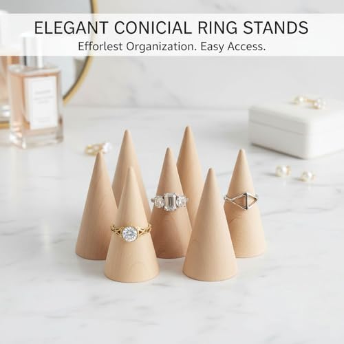 Natural Wood Ring Display Cones, 10 Pack Vertical Jewelry Holder Stands, DIY Craft Finger Ring Organizer