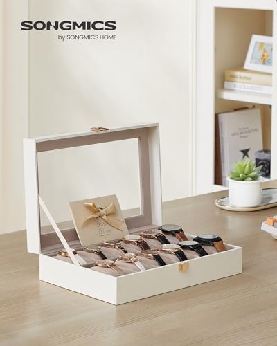 SONGMICS Watch Box, 12-Slot Watch Case Organizer with Large Glass Lid, Removable Pillows, Gift for Loved Ones, Cloud White Synthetic Leather, Cappuccino Beige Lining UJWB120W01 - color: Cloud White + Cappuccino Beige, size: 12 Slot