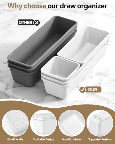 Canfanni 13 Pack Plastic Drawer Organizers Set, 3 Sizes Desk Drawer Organizer Trays for Vanity and Makeup Organizer, Organization and Storage for Makeup, Kitchen Utensils, Bathroom and Office(White) - color: White
