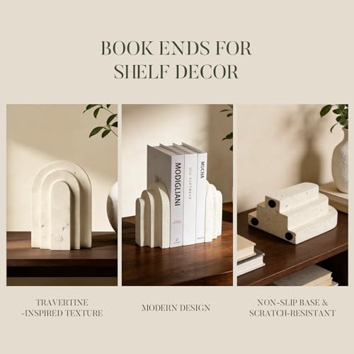 Book Ends for Heavy Books, Beige Modern Pleasing Layered Arch Design Aesthetic Bookend Decorative, Concrete Book Ends to Hold Books Heavy Duty for Bookshelf Decor, Home Decor, Office Decor