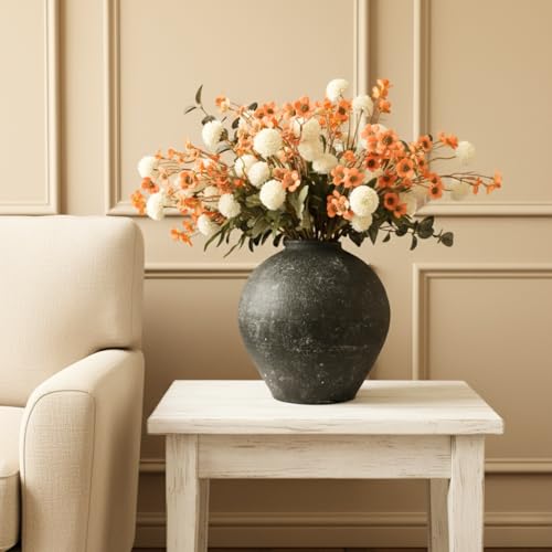 Handmade Large Rustic Ceramic Vase 10.6 inches Tall, Farmhouse Stone Decor, Big Black Round Vase Living Room Home Decor, Earthy Textured Large Vases for Centerpieces Console Table - color: Black