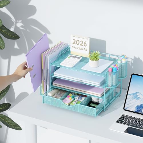 gianotter Desk Organizers and Accessories with File Holder, 4-Tier Desk Accessories & Workspace Organizers with Drawer and 2 Pen Holder, Paper Organizer for Office Supplies (Blue) - color: Blue