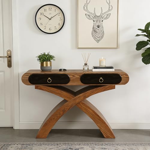 WILLIAMSPACE 47.24" Oval Console Table with Cross Leg & 2 Drawers, Mid Century Modern Wooden Entryway Sofa Table Hallway Table for Living Room, Foyer - Brown - color: 47.24" Oval Console Table With Cross Leg,brown