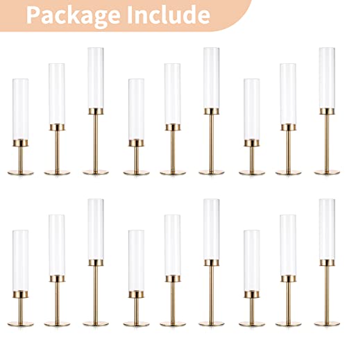 NUPTIO Gold Candlestick Holders Bulk: Set of 18 Glass Hurricane Taper Candle Holders - Decorative Candle Stick Stand for Fall Christmas Fireplace Dining Table Decor - size: 14 & 16 & 18 in