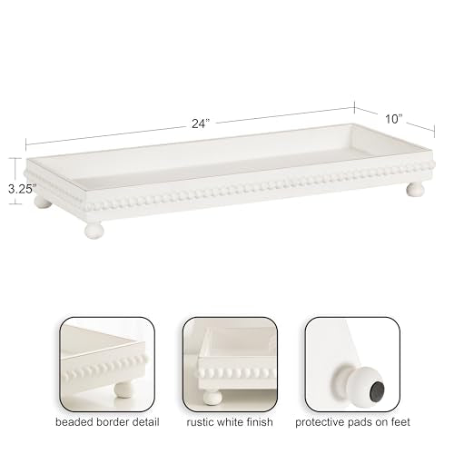 Kate and Laurel Strahm Rectangle Wooden Beaded Display Tray, 10 x 24, White, Lightly Distressed Wood Decorative Footed Tray for Use as Useful Ottoman Tray or Kitchen Serving Tray