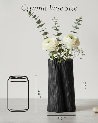 7.5 Inch Matte Black Flower Vase, Organic Nature Shape, OOSTONEE Nordic Modern Style Small Ceramic Vase, Shelf, Home, Living Room, Coffee Table Centerpiece, Black Vases Home Decor - color: Black, size: Small