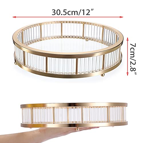 Hipiwe Gold Metal Perfume Tray - 12" Round Vanity Makeup Tray Jewelry Trinket Organizer Tray Coffee Table Decorative Tray Dresser Bathroom Tray with Acrylic Column Decor and Clear Glass Base