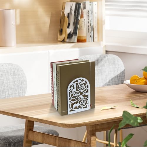 Elegant Rose Bookends Hollow-Out Rose Flower Book Ends Shelves Organizer Metal Book Stands Journal Book Holder Reading Room Decorative Bookends Library Book Stoppers for Office Home School (White) - color: White