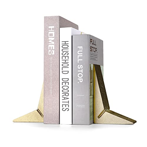 Cast Iron Geometric Decorative Bookends, Sharp Triangle Theme, Heavy Duty, Set of 2 Gold