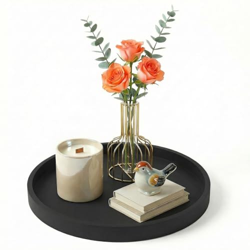 Round Black Silicone Decorative Bathroom Vanity Tray 9 Inch, Counter Tray for Bathroom Countertop Perfume Holder Dresser Organizer Coffee Table Candle, Non-Slip Durable for Home Use - color: Black, size: 9.06