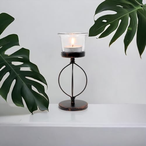 Hosley Bulk Buy Set of 6 Metal & Glass Tea Light Candle Holders for Home Decor, Lighting, Wedding, Parties, Gifting, LED Tea Light Gardens - color: Bronze1