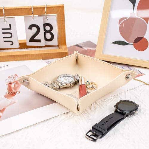 SANQIANWAN PU Leather Arc Edge Jewelry Valet Tray for Man and Women, Portable Mini Entryway Table Tray Bedside Nightstand Desk Tray Small Travel Dish Plate for Key,Wallet,Watch,Coin (Beige) - color: Beige