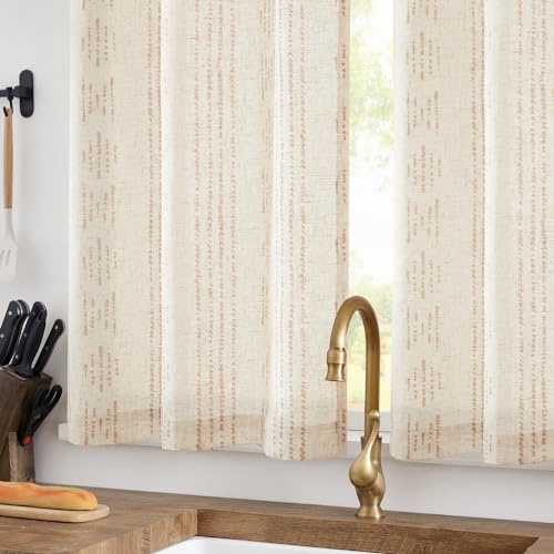 jinchan Boho Kitchen Curtains Linen Tier Curtains 24 Inches Bohemian Cafe Small Drapes Striped Mudcloth Farmhouse for Bathroom RV Camper Light Filtering Rod Pocket 2 Panels Taupe on Beige - color: Boho Taupe on Beige, size: 26"W x 24"L (Pack of 2)