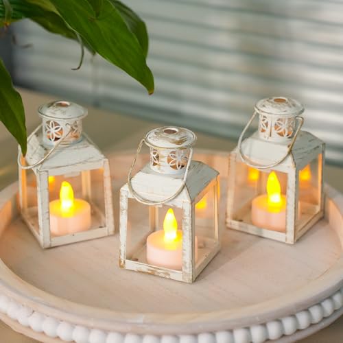 TRIROCKS 6 Pcs Small Metal Candle Lanterns Vintage Hanging House Tealight Lantern Decorative Candle Tea Light Holders for Table Valentine Patio Indoor Outdoor Gifts(White with Gold Brush) - color: White