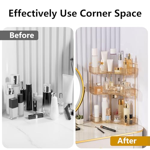 YCIA&DONE Corner Bathroom Counter Organizer, Makeup Organizer for Vanity, Skincare Cosmetic Perfume Tray, Corner Countertop Shelf Rack Storage for Bathroom Kitchen 3 Tiers (Amber Gold) - color: Yellow, size: 3-Tier