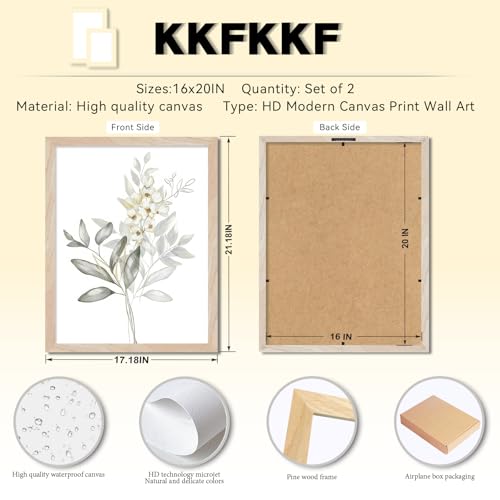 Framed Nature Botanical Wall Art Set of 2, White Floral with Green Eucalyptus Leaves Canvas Prints, Modern Minimalist Flower Painting Picture For Kitchen, Bedroom, Dining Room,Bathroom Decor, 16x20IN - color: White Floral Framed, size: 20"L x 16"W