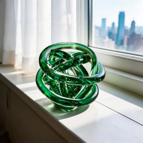 Glass Knot Teal Decor Ball - 5 Inch Hand Blown Infinity Sculpture Orbit Home Decor Table Decoration Interio Art - color: Kelly Green, size: 5-Inch Diameter