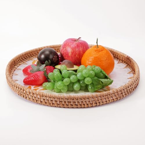 Shellac Rattan Tray with Mother of Pearl Inlay, Round Decorative Serving Tray for Home Décor Coffee Table Storage and Display, 100% Natural Materials - Orange 13.5" - color: Orange, size: 13.5"