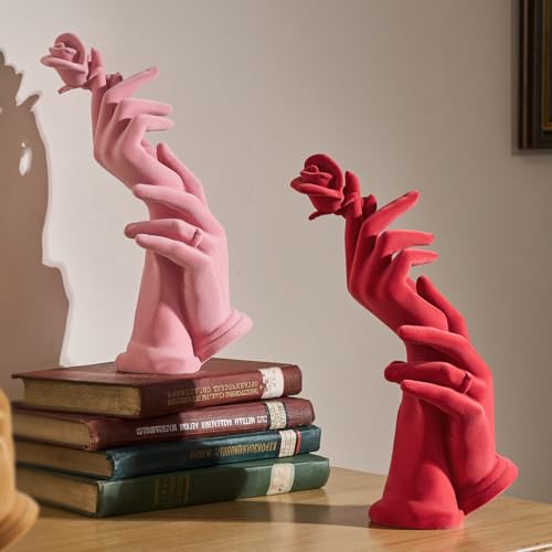 Romantic Couple Statue with Rose, Modern Love Figurine for Home Decor, Symbol of Love & Commitment, Anniversary Wedding Gift for Couples, Bedroom Living Room Shelf Decoration (Red) - color: Hand Rose-red