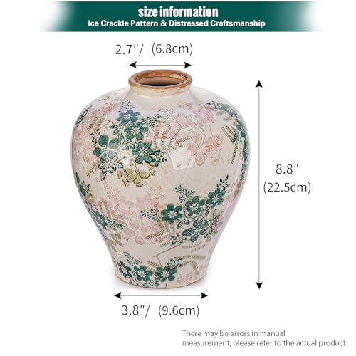 Sungmor Vintage Ceramic Flower Vase - 9.4 Inch Retro Ice Cracked Glaze Chinoiserie Vase, Rustic Farmhouse Home Décor Accent for Dried Flowers, Greenery - Table Centerpieces, Shelf, Mantel Decor - color: Green