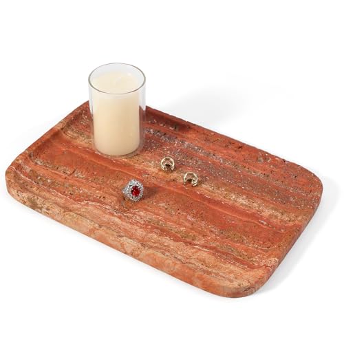 Koville Red Travertine Tray, 12"x8" Natural Stone Vanity Tray for Countertop Bathroom Kitchen Dresser, Decorative Marble Catchall Trays for Perfume Jewelry, Rectangular Serving Tray - color: Red Travertine