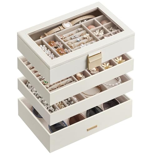 SONGMICS Stackable Jewelry Trays, 4-Tier Jewelry Box, Drawer Jewelry Organizer, with Glass Lid, Removable Dividers, for Vanity Table, 6.7 x 11 x 7.2 Inches, Gift Idea, Cloud White UJBC164W01 - color: Cloud White
