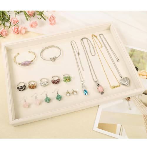 Mornajina 13.8" x 9.5" Velvet Jewelry Tray Jewelry Display Tray, Stackable Empty Plate Trays for Earrings Necklaces Bracelet Rings Display Showcase - Light Khaki - color: Light Khaki, size: Flat Tray 13.8"x9.5"
