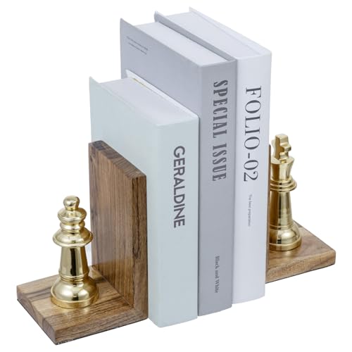 MyGift Decorative Chess Bookends Heavy Duty Mango Wood and Brass Tone Metal King and Queen Chess Pieces Design Bookend Shelf Decor - Handcrafted in India