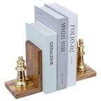MyGift Decorative Chess Bookends Heavy Duty Mango Wood and Brass Tone Metal King and Queen Chess Pieces Design Bookend Shelf Decor - Handcrafted in India