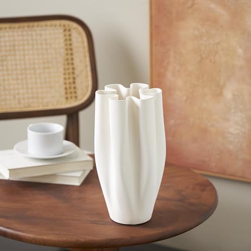 Deco 79 Ceramic Abstract Decorative Vase Ribbed Dimensional Folded Centerpiece Vase with Floral Shaped Rim, Flower Vase for Home Decoration 6" x 6" x 11", White - color: White, size: 6.4" x 5.6" x 11.4"